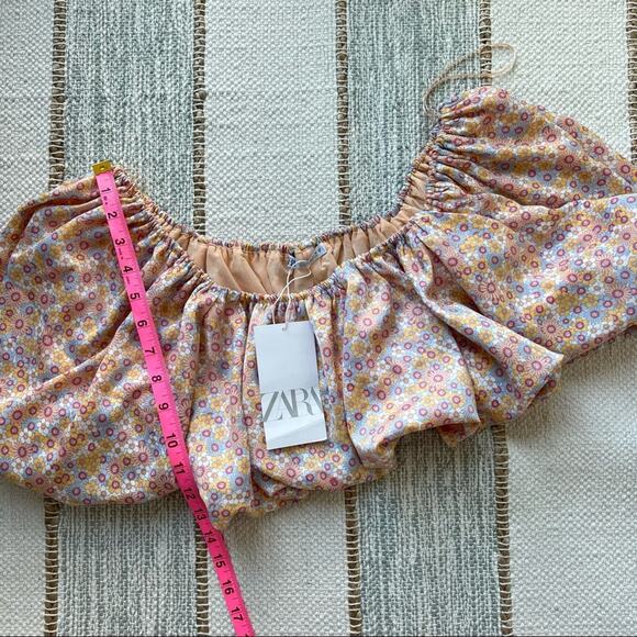 ZARA Printed Satin Effect Puff-Sleeve Off-The-Shoulder Crop Top Women’s Medium - Picture 6 of 10